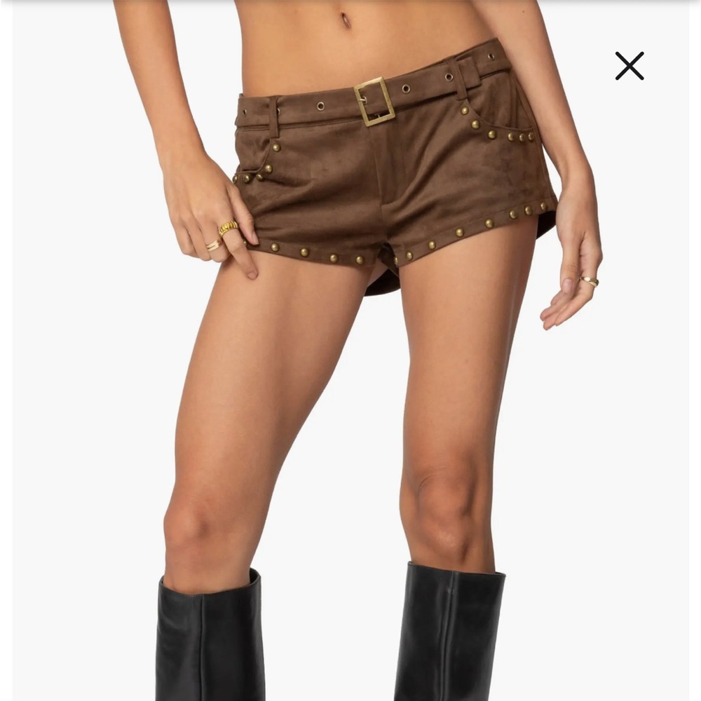 Edikted Studded Faux Suede Micro Shorts Brown Size Medium MSRP $78